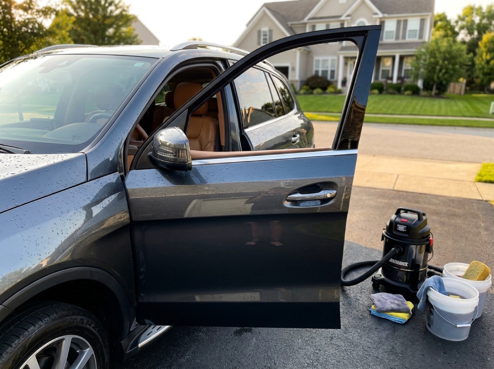 Mobile detail in progress on a driveway, inside and out